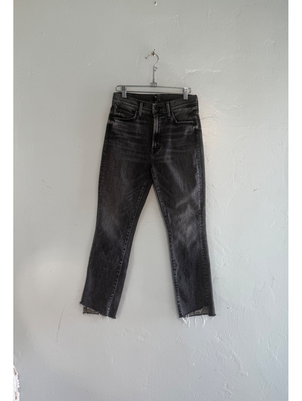 Mother Black Washed Straight Leg Jeans with Raw Hem
